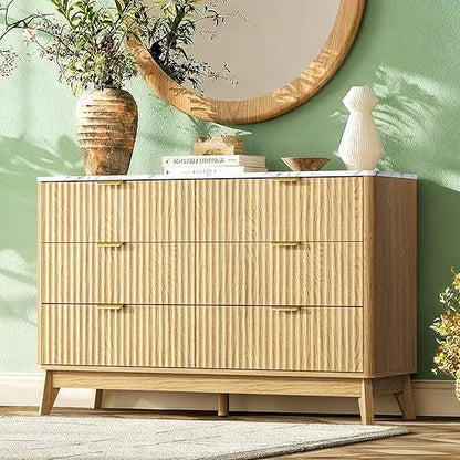 Fluted 6 Drawer Dresser, 47" Wide Chest of Drawers with Faux Marble Top, Modern Dresser TV Stand, Wood Closet Clothes Storage Organizer with Curved Edges for Bedroom, Living Room, Natural