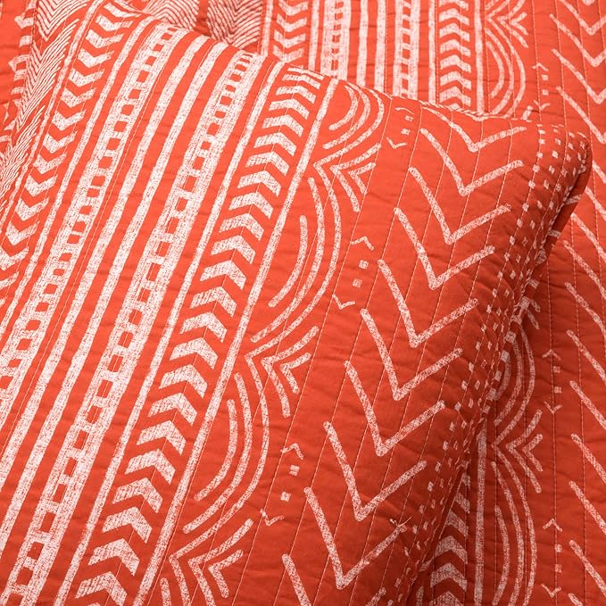 Lush Decor Hygge Geo Pattern Striped 3 Piece Quilt Bedding Set, King, Burnt Orange
