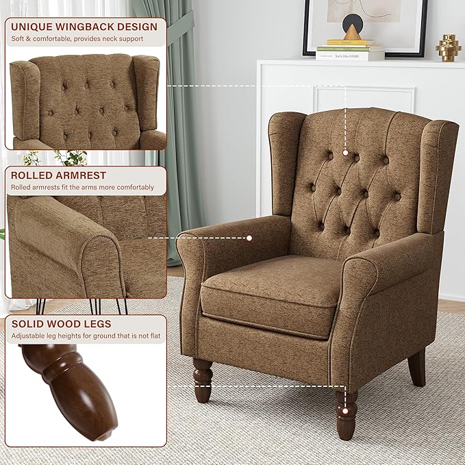 High Back Accent Chairs Set of 2, High Wingback Chair for Living Room, Button-Tufted Upholstered Fabric Armchair with Solid Wood Legs, Comfy Single Sofa Reading Chair for Bedroom, Brown