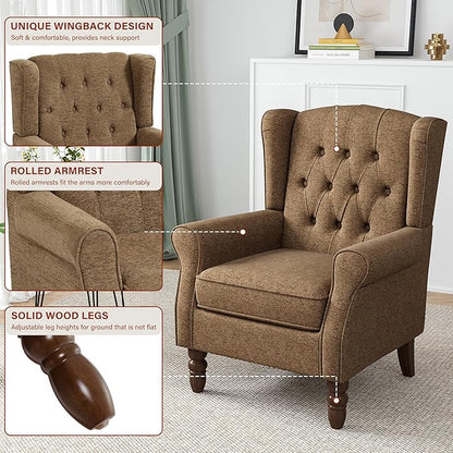 High Back Accent Chairs Set of 2, High Wingback Chair for Living Room, Button-Tufted Upholstered Fabric Armchair with Solid Wood Legs, Comfy Single Sofa Reading Chair for Bedroom, Brown