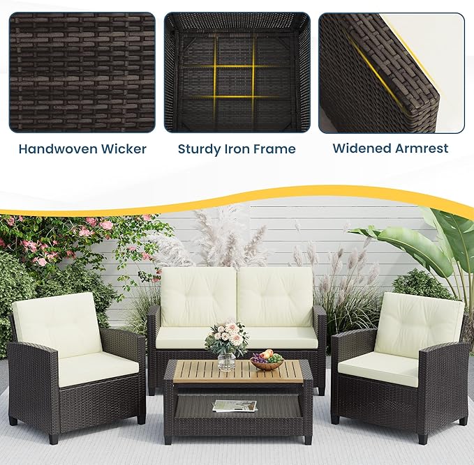 Wisteria Lane 4 Piece Patio Furniture Set, Wicker Outdoor Patio Conversation Furniture Set, All Weather Outdoor Patio Sofa with Cushion and Glass Table, Beige