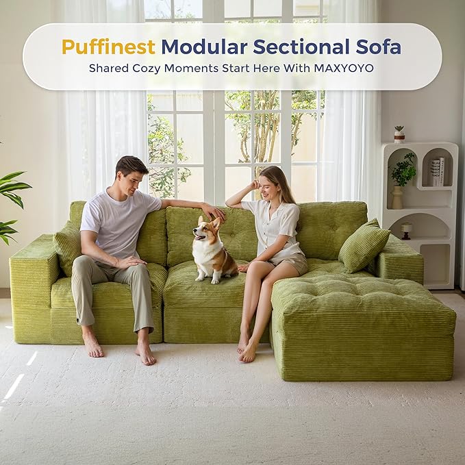 MAXYOYO 104" L Shaped Modular Sectional Sofa with Ottoman, Cloud Boneless Couch with Layered Cushion, Upholstered Sofa in a Box, Flexible Module Combination for Living Room, No Assembly, Green