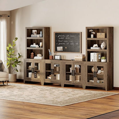 WAMPAT Farmhouse Entertainment Center with Bookshelves, 4-Piece Modular TV Stand with Storage Towers, Glass Doors, Open Shelves, Media Console for Living Room, Home Theater, Brown