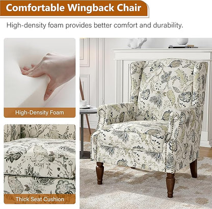 Floral Wingback Accent Chairs Set of 2, High Back Upholstered Armchair, Comfy Fabric Wingback Arms Chairs with Retro Solid Wood Legs, Single Sofa Reading Chair for Bedroom Living Room, Plants Beige