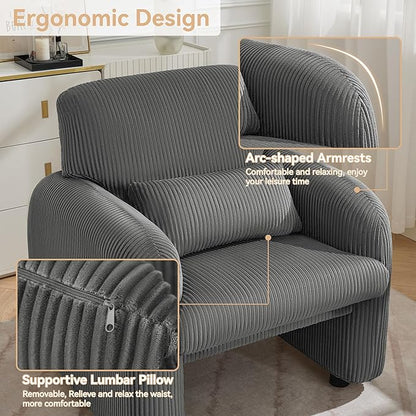 Corduroy Fabric Accent Chairs Set of 2, Modern Upholstered Living Room Chairs with Lumbar Pillow, Wide Comfy Leisure Armchair for Bedroom, Office, Reading, Grey