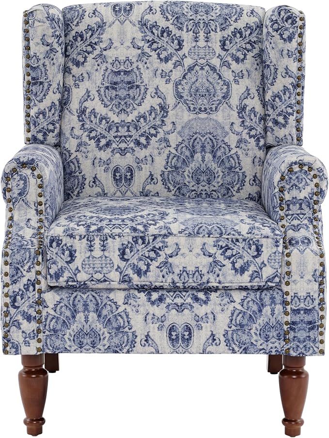 Pia Ricco Set of 2 Floral Accent Chairs, High Back Upholstered Armchairs with Retro Wingback Design, Nailhead Trim & Solid Wood Legs for Living Room Bedroom(Flower Navy)