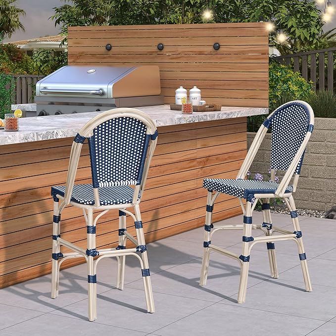 PURPLE LEAF French Counter Height Bar Stool Set of 2 25" White Print Finish Patio Bar Chairs with Back Rattan Bar Chairs French Bistro Set for Kitchen Outdoor Counter Stool Royal Blue
