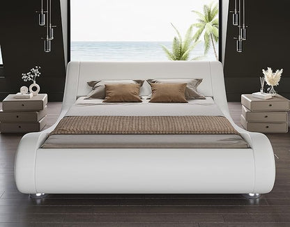 SHA CERLIN Full Size Upholstered Bed Frame, Deluxe Low Profile Sleigh Bed with Faux Leather Ergonomics Headboard, No Box Spring Needed & Easy Assembly, White