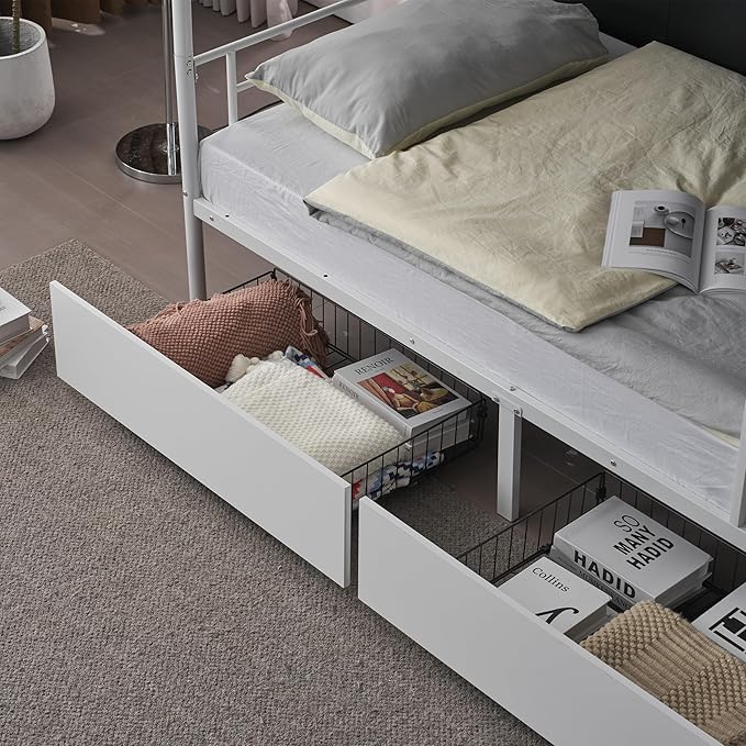 Karl home White Bunk Bed Twin Over Twin with 2 Storage Drawers, Metal Bunk Bed with Built-in Ladder and Safety Guardrail, Space-Saving Twin Bunk Beds for Kids, Teens & Adults, No Box Spring Needed