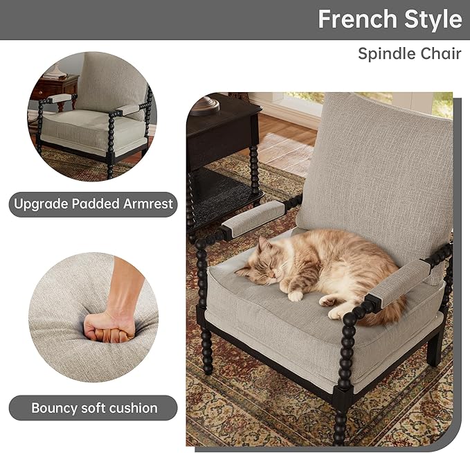 Morden Fort Linen Fabric Spindle Accent Chairs Set of 2, French Style Chairs with High Resilience Spring Cushion and Armrest Pads, Leisure Armchair for Living Room Bedroom Farmhouse Office Balcony