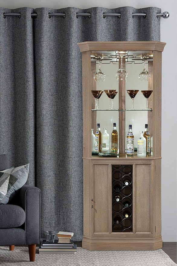 Howard Miller Piedmont VI Corner Bar Cabinet – Wooden Homebar with Rack, Stemware Holder, Adjustable Glass Shelves, Locking Door, Lighted Storage Unit for Living Room or Entertainment Area