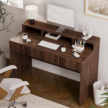 Fluted Executive Desk with Storage Shelf, 47" Modern Wood Home Office Desk with Long Monitor Stand & 2 Drawers, Writing Study Computer Table Vanity Desks, Brown