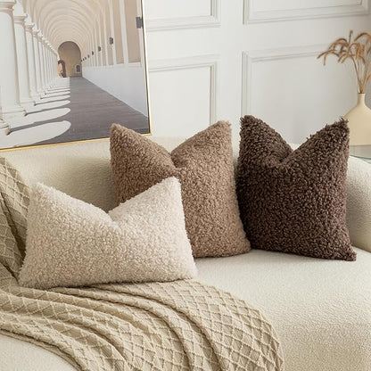 Pack of 2 Curly Teddy Wool Faux Fur Throw Pillow Covers Fuzzy Accent Soft Sherpa Pillowcases Sheepskin Fleece Decorative Cushion Case for Sofa Couch Living Room 22x22 Inch Neutral Light Beige