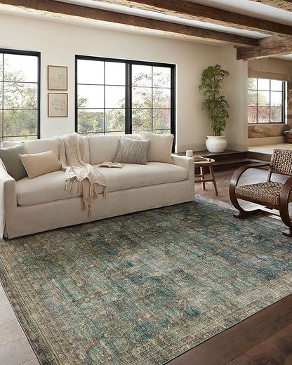 Loloi Magnolia Home by Joanna Gaines Banks Collection BAN-01 Ocean/Spice 2'-3" x 3'-9" .13" Pile Height, Machine Washable, Accent Rug