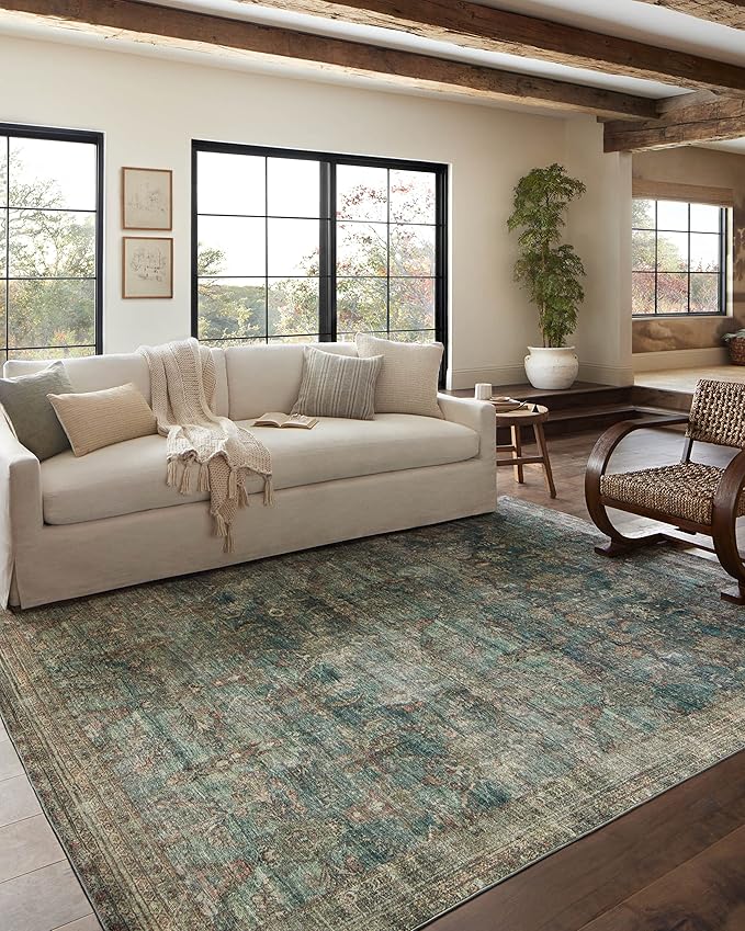 Loloi Magnolia Home by Joanna Gaines Banks Collection BAN-01 Ocean/Spice 2'-6" x 9'-6", .13" Pile Height, Machine Washable, Runner Rug