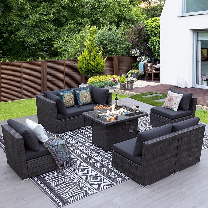 NICESOUL 29.3'' High Back Outdoor Patio Sectional Furniture Sofa Set with Fire Pit Table Natural Gas/Propane, 7 Piece Luxury Extra-Large Wicker Conversation, Deep Wide Couches for Backyard, Dark Gray