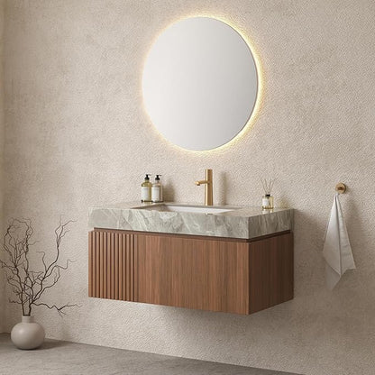 Bathroom Vanity with Sink 36 Inch, Floating Bathroom Vanity Sink Cabinet with Drawer and Door, Undermount Sink & Light Gray Sintered Stone Top, Pre-Assembled, Espresso