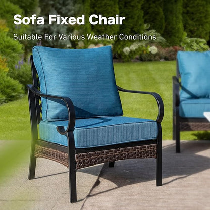 5 Piece Metal Outdoor Patio Furniture Set, Patio Conversation Sets 3-Seater Sofa, 2-Seater Sofa, 2 Fixed Chair with 5.75" Thick Cushion & Coffee Table Black Backyard Furniture, Blue-2