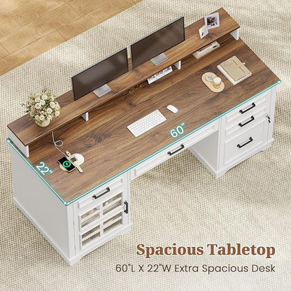 60'' Farmhouse Executive Desk with Drawers, Home Office Desk with Power Outlet & LED Light, Wood Computer Desk with Monitor Stand, Locking File Drawer, Glass Storage Cabinet, Hooks, White