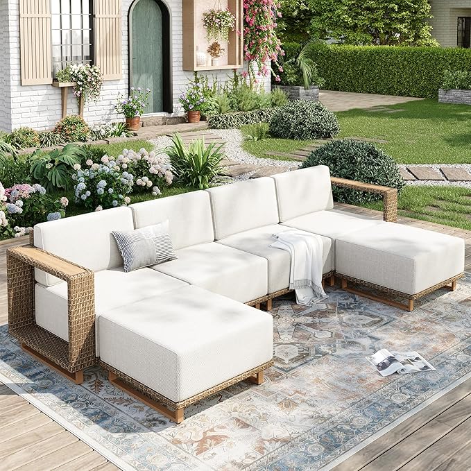 Outdoor Patio Furniture Set, 6 Piece Outdoor Rattan Wicker Sofa Couch, Sectional Outdoor Conversation Sets with 10" Extra Thick Cushions for Deck Backyard Lawn