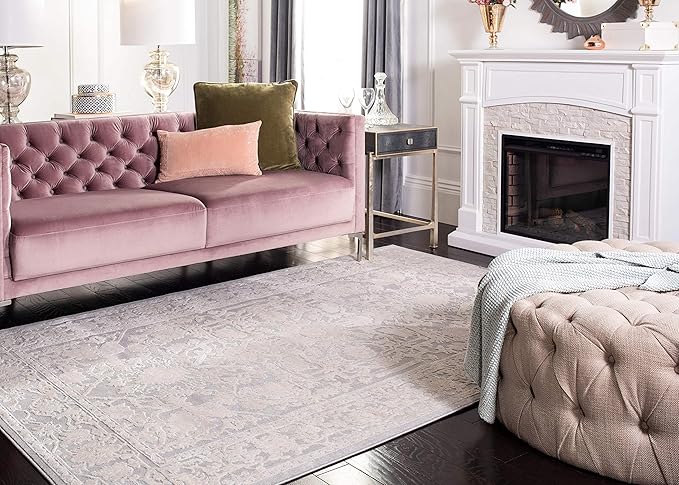 SAFAVIEH Reflection Collection Area Rug - 6'7" Square, Light Grey & Cream, Non-Shedding & Easy Cleaning, Ideal for Living Room, Bedroom (RFT665C)