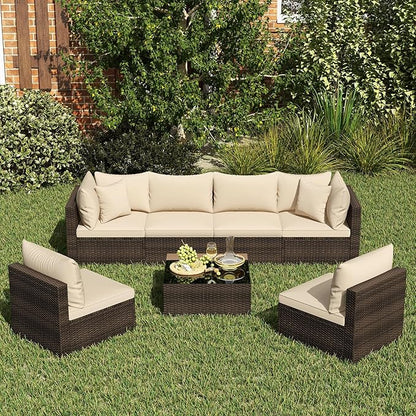 Tangkula 7 Pieces Patio Rattan Furniture Set, Patiojoy Outdoor Conversation Set with Cushions and Tempered Glass Coffee Table, All-Weather Sectional Sofa Set for Garden, Lawn, Backyard