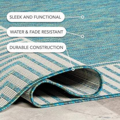 nuLOOM 5' x 8' Outdoor Area Rug, Casual Design With Striped Border, Stain Resistant, Highly Durable, For Patio, Balcony, Bedroom, Living Room, Dining Room, Bathroom, Teal
