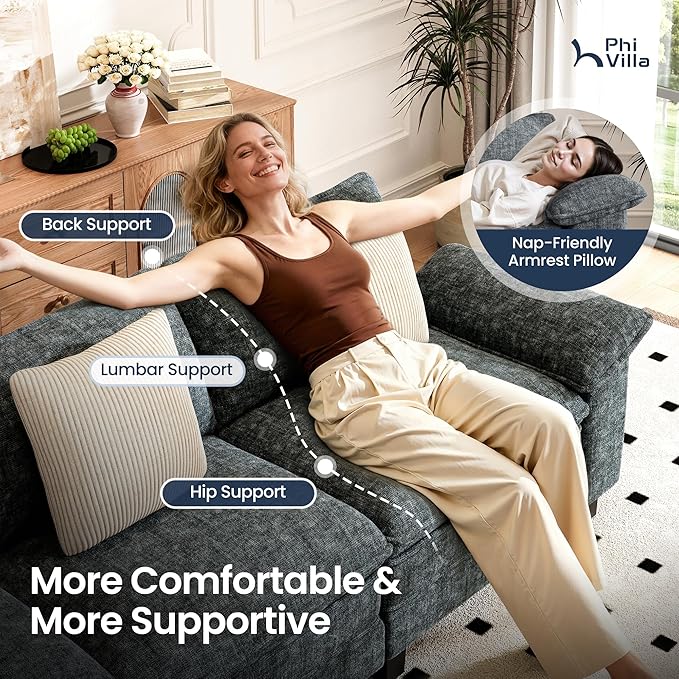 PHI VILLA Cloud Modular Couch Sets, 123.6" Sectional Sofa with L-Shaped Chaise, 4-Seater Upholstered Couches with Movable Ottoman for Living Room, Chenille Fabric, Dark Cyan