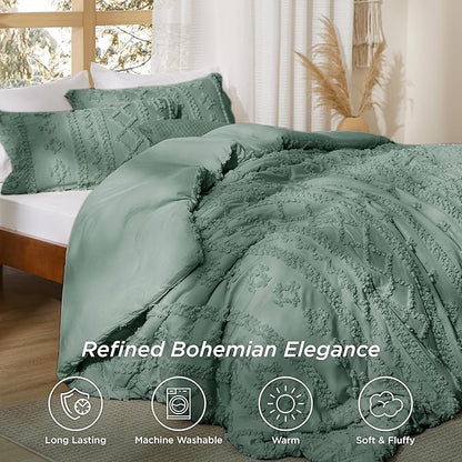 Bedsure Tufted Boho Comforter Set Twin Size - Green Boho Bed Set, GentleSoft™ 2 Pieces Farmhouse Shabby Chic Embroidery Bedding, Gifts for Woman, Soft Jacquard Twin Comforter for All Seasons