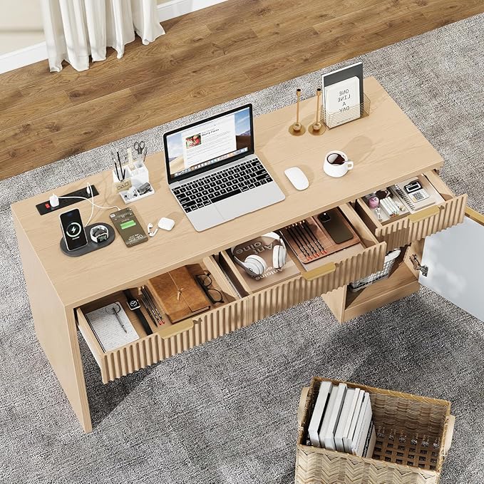 60" Executive Desk with Fluted Drawers, Wood Home Office Desk with Storage Cabinet, Charging Station, Fluted Computer Writing Desk for Study, Living Room.