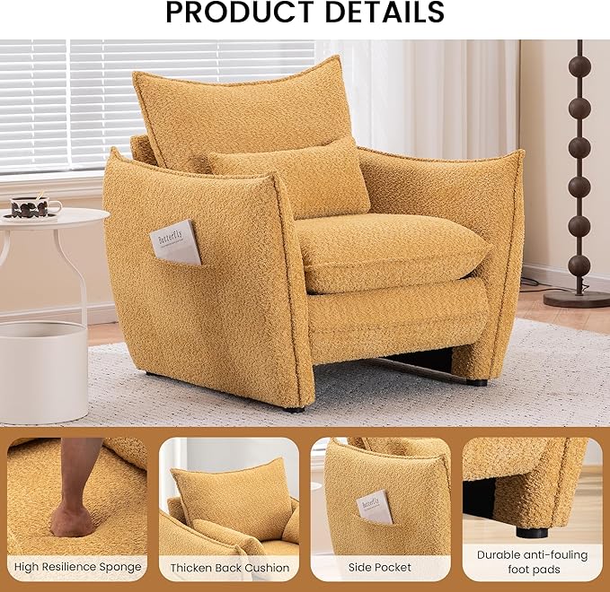Chenille Oversized Accent Chairs Set of 2, Modern Oversized Armchair with Removable Pillow, Comfy Living Room Chair with Side Pocket Storage for Bedroom, Office, Yellow