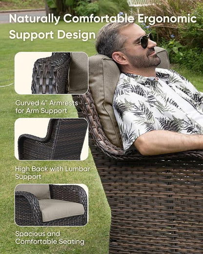 HUMMUH 6-Piece Outdoor Wicker Patio Furniture Set with Swivel Glider Chairs, Loveseat & Ottomans 5” Olefin Cushions Ergonomic Neck-Lumbar Backrest All-Weather Rattan for Garden, Deck, Porch