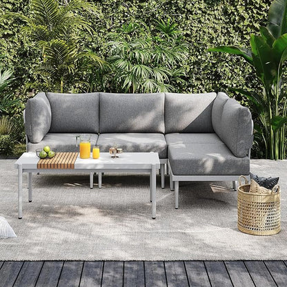Sundale Outdoor 5 Pieces Metal Patio Furniture Set, Outdoor Sectional Sofa w/6 Inch Olefin Cushion and Coffee Table, Modern Outdoor Conversation Sets (4 Seats, White Frame)