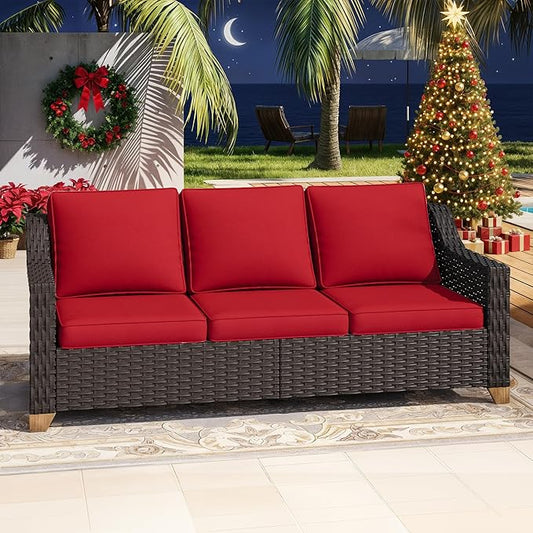 77'' Patio Sofa, All Weather Outdoor Rattan Wicker 3-Seat Sofa High Back Couch with Premium Cushions for Garden Backyard Porch(Brown/Red)