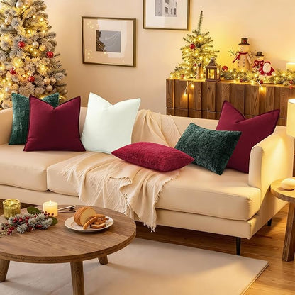 decorUhome Christmas Green Chenille Throw Pillow Covers 16x16 Set of 2 Thick Textured Slubby Couch Pillow Covers Farmhouse Accent Modern Neutral Decorative Pillow Cases for Bed Sofa Living Room