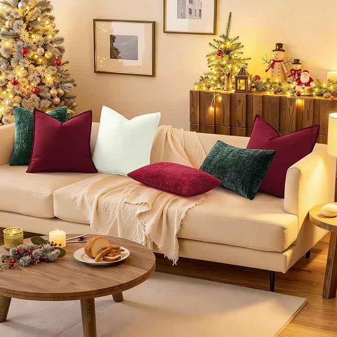 decorUhome Christmas Green Chenille Throw Pillow Covers 12x20 Set of 2 Thick Textured Slubby Couch Pillow Covers Farmhouse Accent Modern Neutral Decorative Pillow Cases for Bed Sofa Living Room