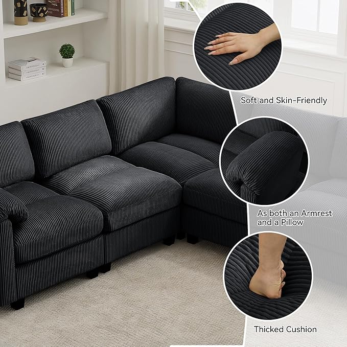 87'' V-Shaped Sectional Sofa Couch, 5-Seater Modular Couches for Living Room, Corduroy Deep Seat Cloud Sofa with Center Stitched, Black