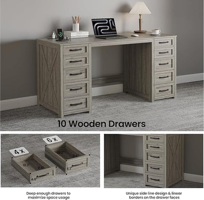 WOPITUES 60" Farmhouse Home Office Desk with 10 Wooden Drawers, Rustic Computer Writing Desk with Power Outlets, Large Executive Desk with Storage Cabinet for Work Study Writing Craft, Wood Grain Gray