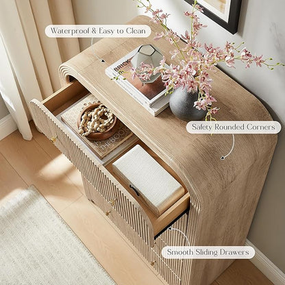 T4TREAM Fluted 5 Drawers Dresser, 48" Tall Modern Chest of Drawers with Thickened Curved Profile Design, Wood Closet Clothes Storage Organizer for Bedroom, Living Room, Hallway, Natural Oak