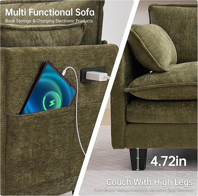 108" Modular Sectional Couches for Living Room with Ottoman, L Shaped Cloud Couch with Charger, USB & Type-c Port, Comfy 4 Seats Sofas with Deep Seat, Chenille Fabric, Green