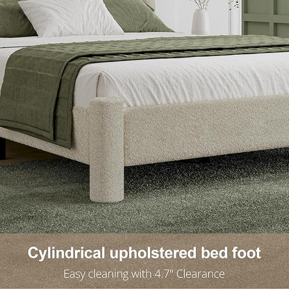Full Size Bed Frame, Boucle Upholstered Platform Bed with Headboard and Footboard, Soft Rounded Corners, No Box Spring Required, Easy Assembly, Cream