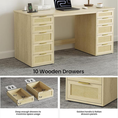 WOPITUES 60" Boho Home Office Desk with 10 Wooden Drawers, Rattan Computer Writing Desk with Power Outlets, Large Executive Desk with Storage Cabinet for Work Study Writing Craft, Natural Brown