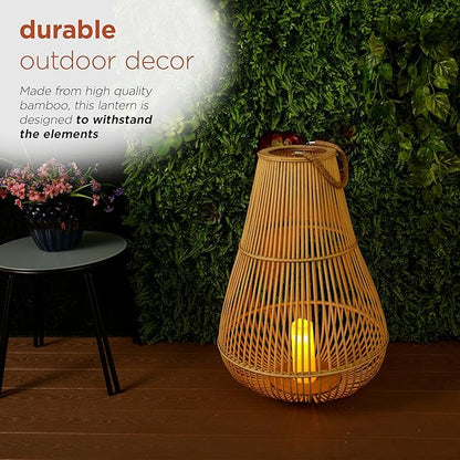 Alpine Corporation IWY108HH-L Outdoor Bamboo Lantern with LED Candle, Brown Finish for Patio and Garden Decor, 33" Tall