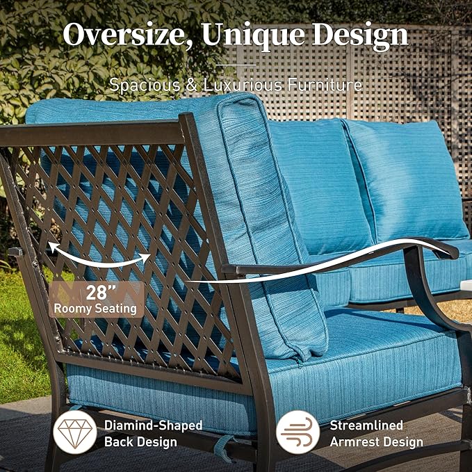 4 Piece Metal Outdoor Patio Furniture Set, Patio Conversation Sets 3-seater Sofa, 2 Swivel Chair with 5.75" Extra Thick Cushion and Coffee Table, Black Frame Backyard Furniture, Blue-2