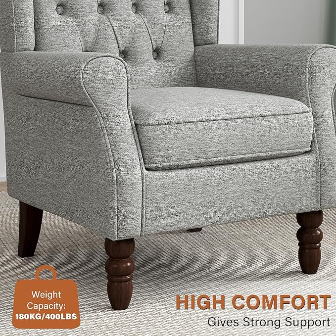 High Back Accent Chairs Set of 2, High Wingback Chair for Living Room, Button-Tufted Upholstered Fabric Armchair with Solid Wood Legs, Comfy Single Sofa Reading Chair for Bedroom, Light Gray