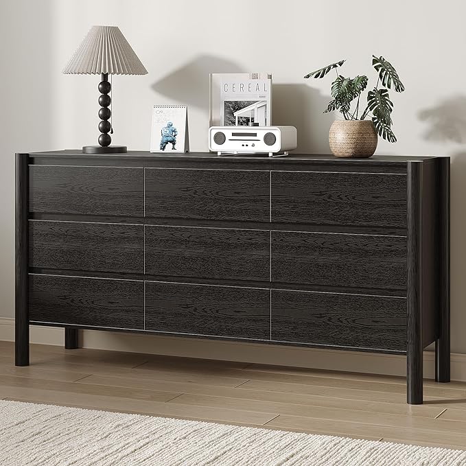 Dresser for Bedroom with 9 Drawers,63" Wide Black Dresser with 4 Solid Wood Legs, Wooden TV Stand,Closet Clothes Organizer for Bedroom, Hallway