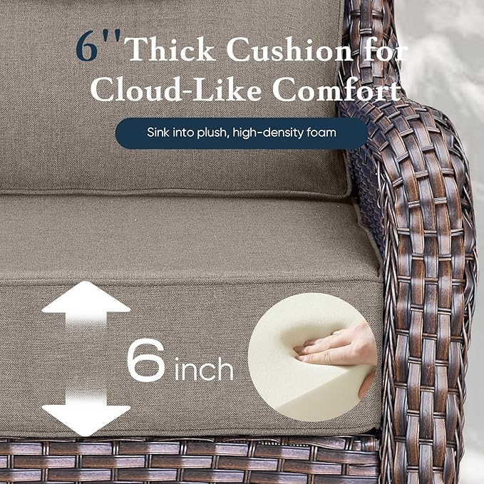 Belord Luxury 6" Thick Cushioned 7 Pieces Patio Furniture Set with Outdoor Couch, Wicker Outdoor Conversation Set with High Back Swivel Rocker Chairs for Deck Porch Yard and Poolside - Brown+Grey