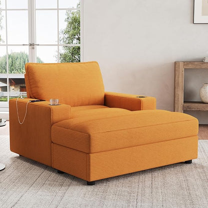 Christopher Knight Home Zoe Oversized Chaise Lounge Chair Indoor with Cup Holders & USB Charging Port, Corduroy Upholstered Sofa Bed + Ottoman with Storage, Comfy Deep Seat Sleeper Sofa Chair, Yellow