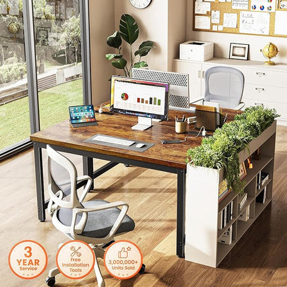 Huuger 48 x 24 inch Desk with Power Outlets & USB-C, Deeper & Thicker Desktop, Robust Metal Tubes, Computer Desk, Heavy Duty Office Desk, Work Gaming Desk for Home Office, Rustic Brown