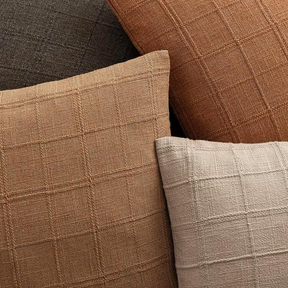 Foindtower Set of 2 Decorative Linen Check Throw Pillow Covers Neutral Farmhouse Vintage Cushion Covers Modern Boho Home Decor for Sofa Chair Couch Bedroom Living Room,22×22 Inch,Brick
